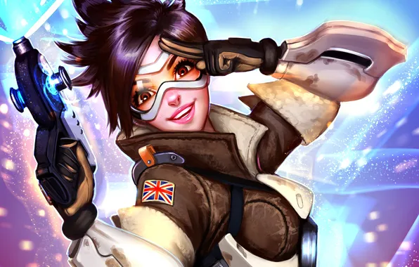 Picture girl, smile, art, glasses, fps, Overwatch, tracer, Lena Oxton