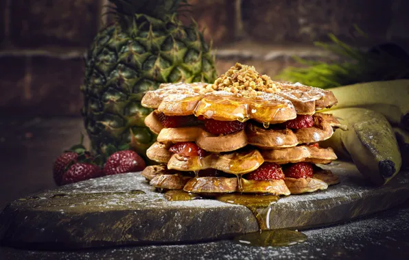 Berries, strawberry, bananas, stack, pineapple, honey, layers, waffles
