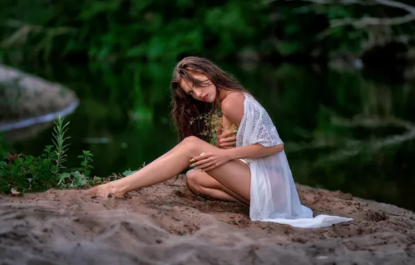 Girl, nature, pose, negligee, legs, long hair, pond, Vyacheslav Turcan