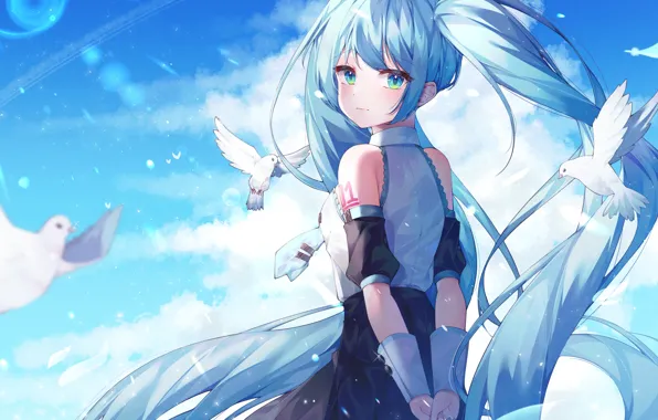 The sky, girl, birds, Hatsune Miku, Vocaloid