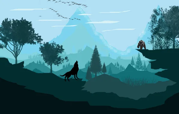 Picture mountains, wolf, vector, bear