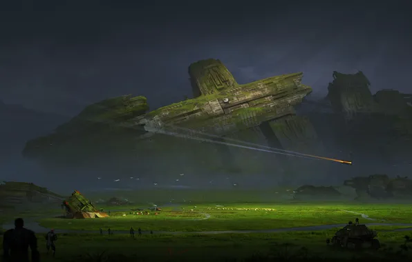Meadows, View, The ruins, Soldiers, Destruction, Fantasy, Landscape, Art
