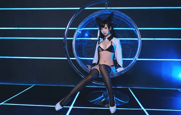 Asian, model, women, cosplay, belly, sitting, looking at viewer, fox ears