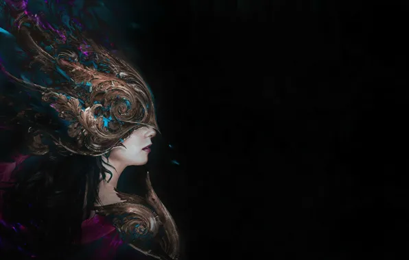 Girl, feathers, mask, art, profile, black background