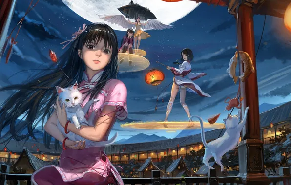 Picture cat, the sky, girl, night, the moon, wings, art, lights