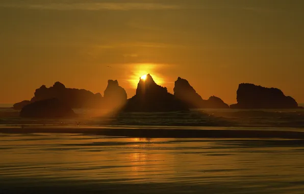 Sea, the sky, the sun, rays, sunset, nature, rocks