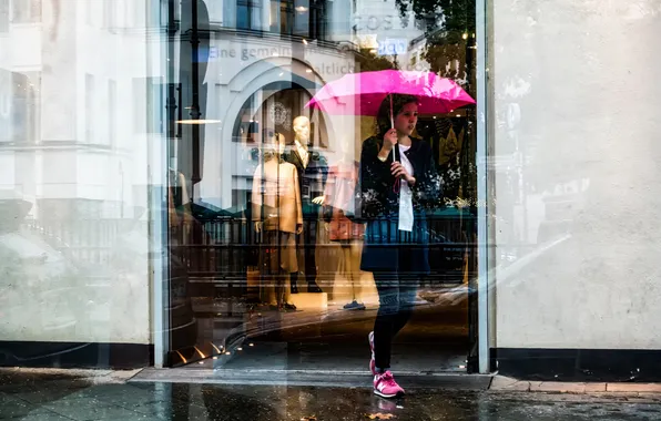 Girl, reflection, umbrella, showcase, Pink Umbrella