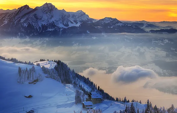 Sunset, mountains, fog