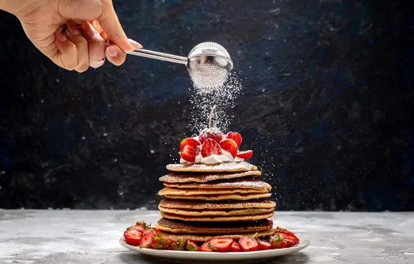 Cherry, hand, stack, pancakes, cherry, pancakes, pancakes, pancake