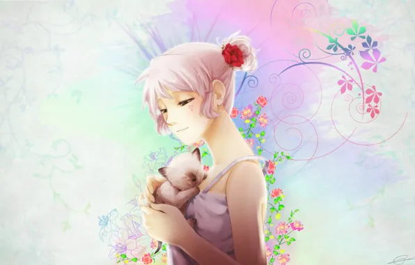 Flowers, kitty, pattern, girl, white hair, sundress