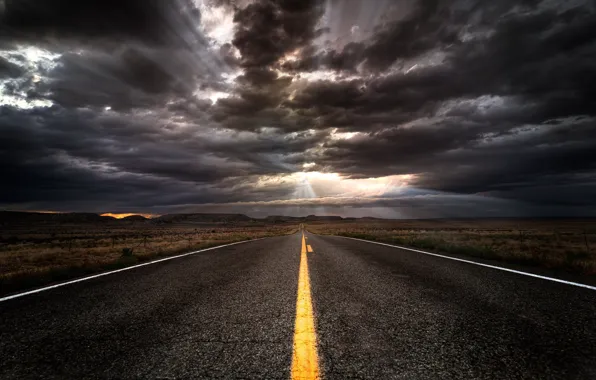 Road, sunset, clouds