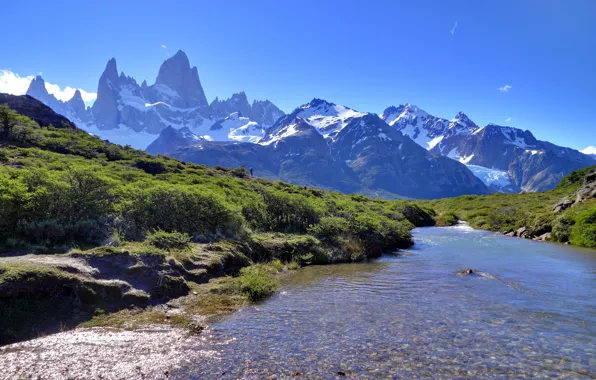 The sky, grass, water, mountains, Fitzroy