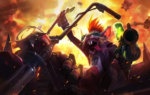 Gun, fire, fantasy, biker, rat, League of Legends, Kan Liu, Riot Games