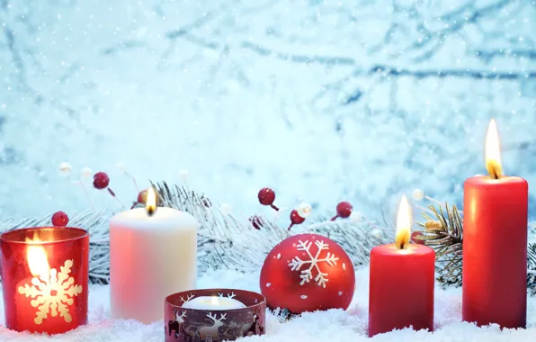 Snow, decoration, red, lights, lights, cherry, balls, candles