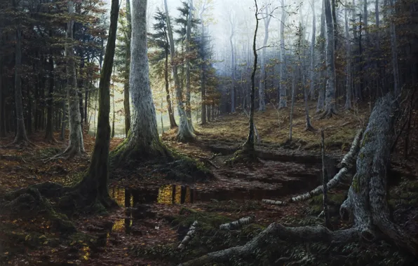 Figure, Trees, Forest, Morning, Picture, Painting, Michael Handt, by Michael Handt