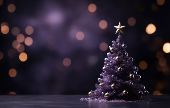 Balls, lights, the dark background, star, Shine, Christmas, purple, New year