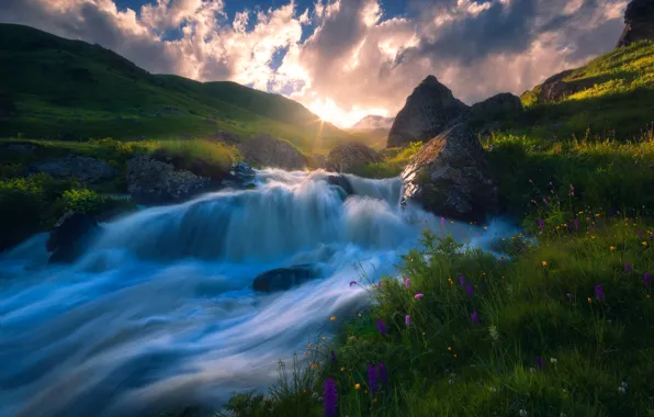 The sky, grass, water, clouds, river, stream