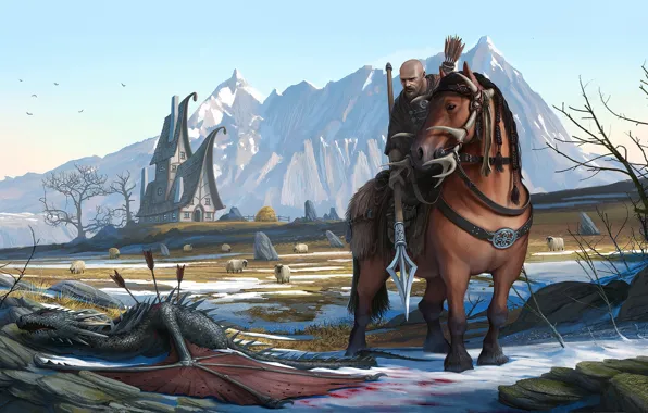 Mountains, horse, dragon, horse, warrior, fantasy, art, the plot