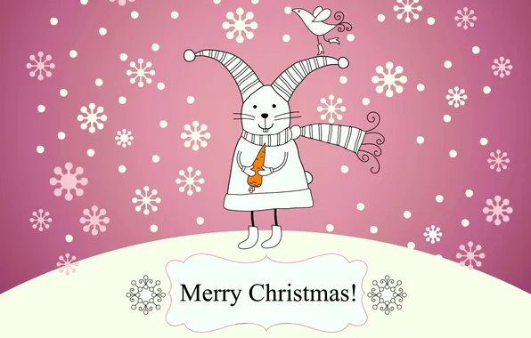 Snow, snowflakes, bird, clothing, hare, carrot, congratulations