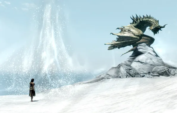 Winter, girl, snow, rock, dragon, Skyrim, The Elder Scrolls V