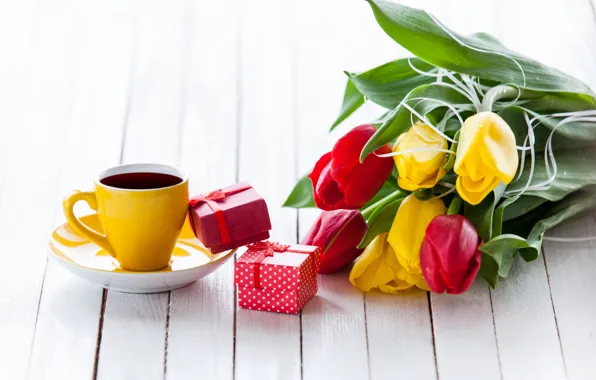 Flowers, gift, bouquet, colorful, tulips, flowers, tulips, coffee cup