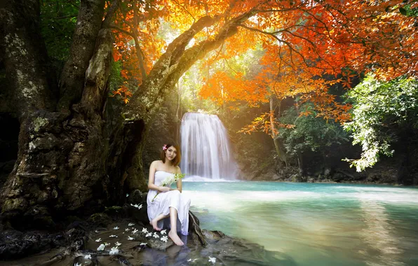 Girl, river, waterfall