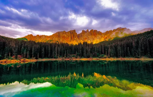 Forest, the sky, clouds, mountains, lake, reflection