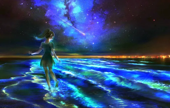 Sea, night, fantasy, elf, the milky way