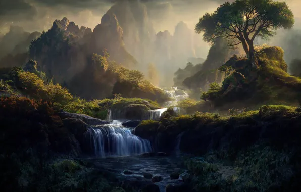Light, landscape, mountains, fog, stones, tree, rocks, hills
