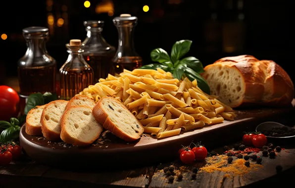 Greens, light, Board, oil, bread, pieces, bottle, pepper