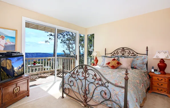 Wallpaper design, interior, bed, picture, chest