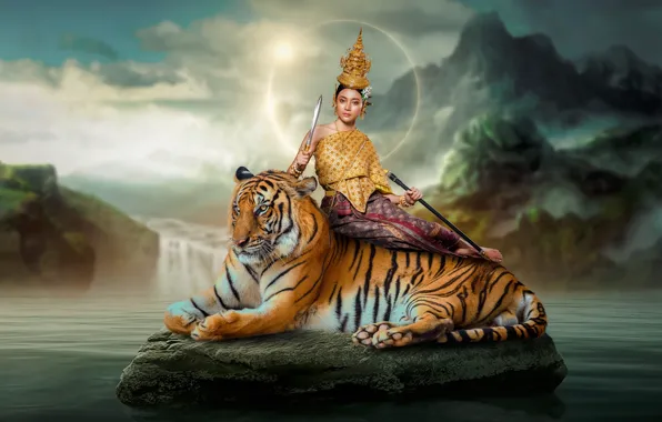 The sky, look, girl, clouds, light, decoration, mountains, tiger
