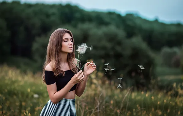 Summer, girl, nature, pose, dandelion, the wind, bokeh, Max Kuzin