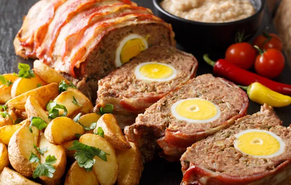 Egg, vegetables, potatoes, meatloaf