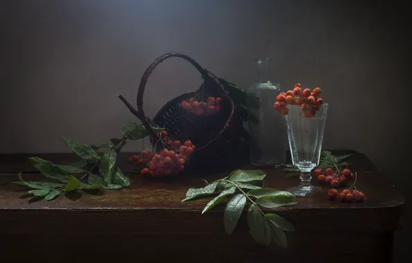 Autumn, leaves, drops, berries, table, glass, bottle, still life
