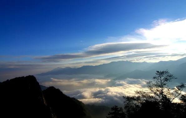 Picture the sky, clouds, trees, mountains