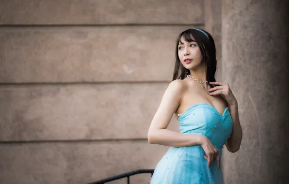 Pose, dress, brunette, neckline, asmada