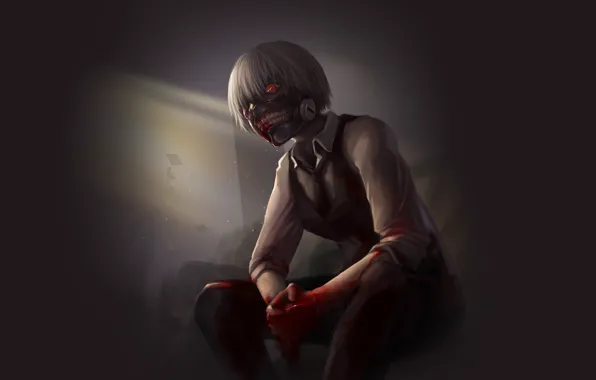 Picture look, blood, anime, mask, white hair, anime, red eye, Tokyo Ghoul
