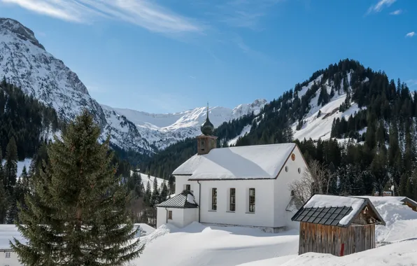Winter, forest, white, the sky, snow, mountains, blue, tops