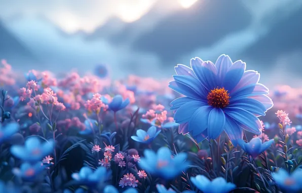 Field, flower, mountains, petals, petal, meadow