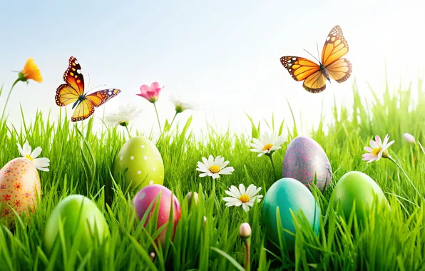 Flowers, eggs, spring, colorful, Easter, happy, flowers, spring