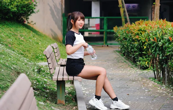 Long hair, ponytail, women, smiling, sitting, white shoes, dark hair