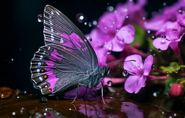 Drops, wings, Butterfly, beautiful, flowers, closeup, generated by AI
