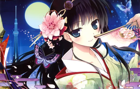 Picture girl, butterfly, night, fan, art, kimono, karory