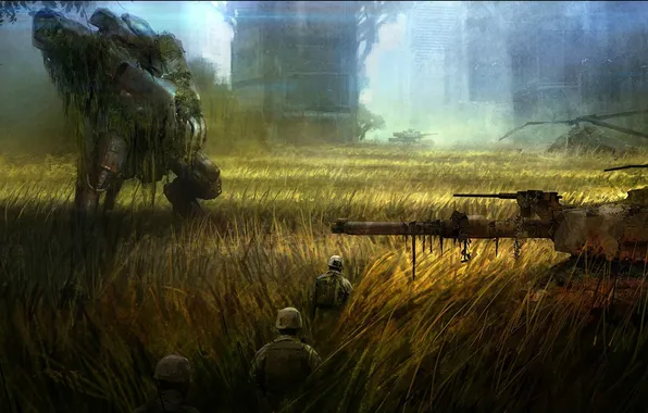 Field, the city, helicopter, soldiers, tank, Crysis 3