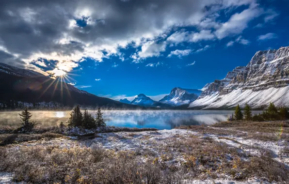 Clouds, snow, mountains, lake, Canada, Albert, Banff National Park, Alberta