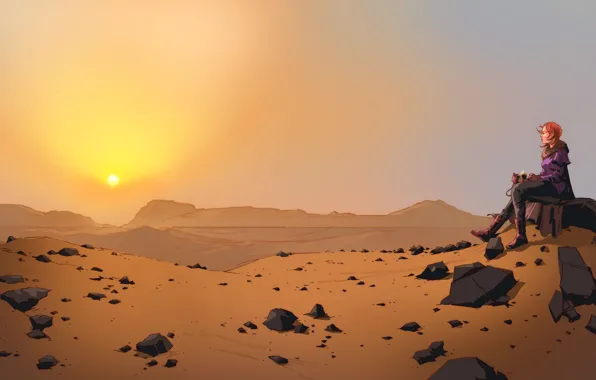 Sunset, The sun, Girl, Desert, Girl, Sun, Sunset, Fiction
