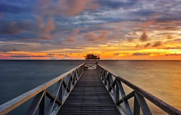 Sea, clouds, sunset, clouds, pierce, platform