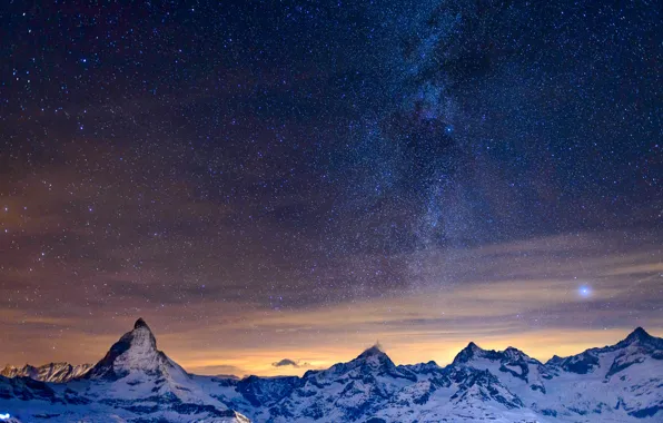 The sky, stars, mountains, night, Alps, the milky way