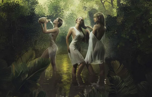 Stream, girls, twilight, bathing, pitcher